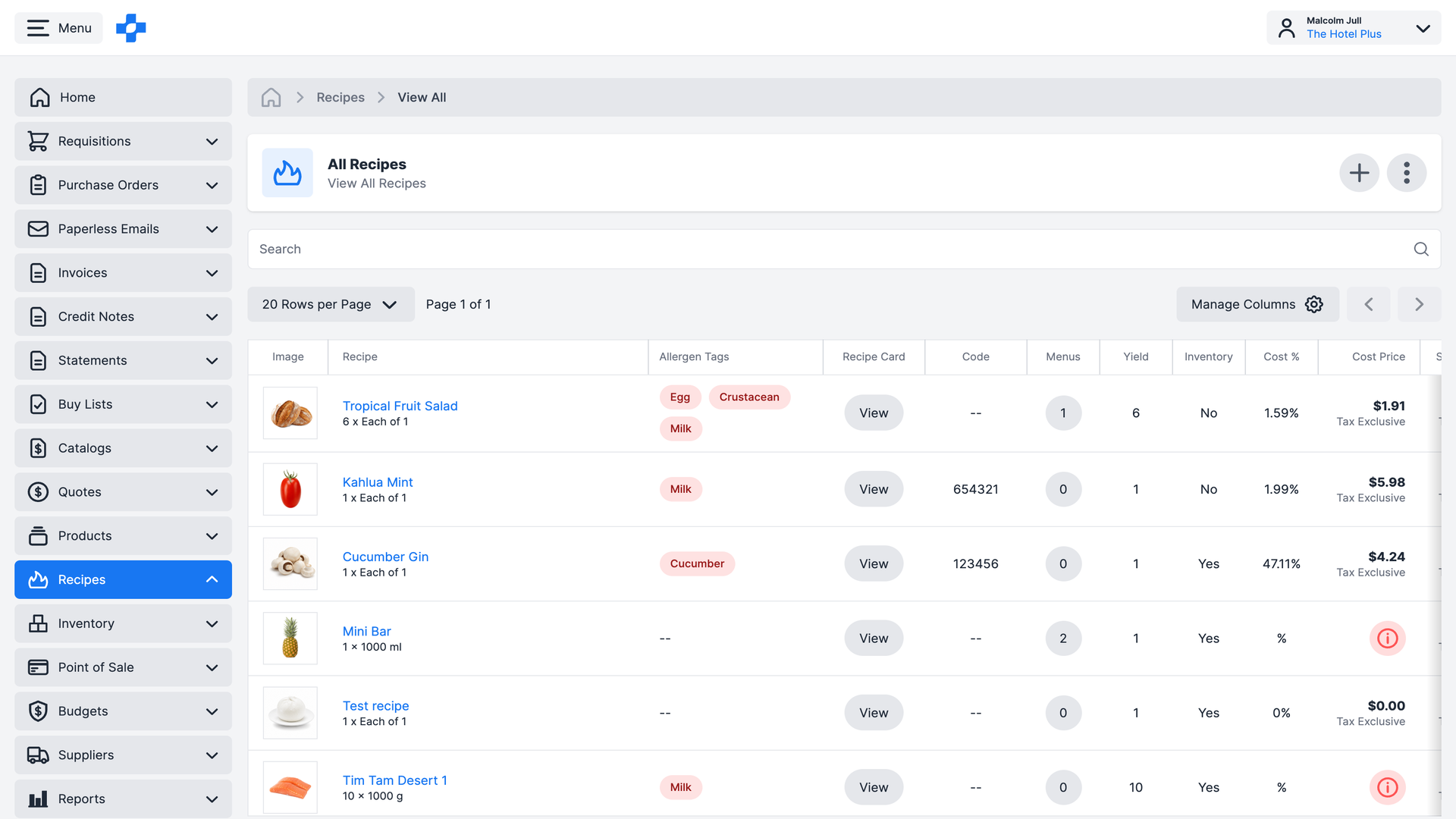 PurchasePlus recipe and menu dashboard